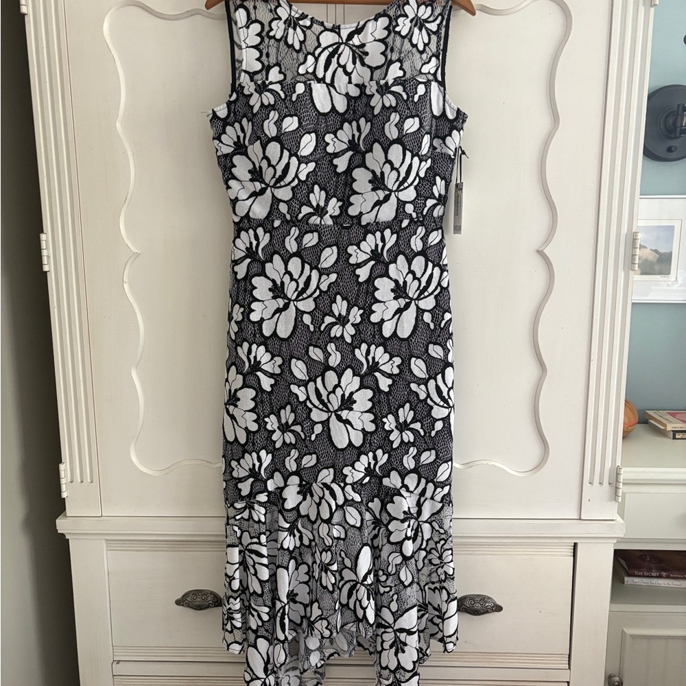 Kensie Sleeveless Black and White Floral High Low Cocktail Dress